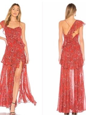 AMUR Red Floral High-Low Ruffle Maxi Dress